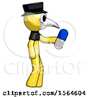 Poster, Art Print Of Yellow Plague Doctor Man Holding Blue Pill Walking To Right