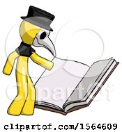 Poster, Art Print Of Yellow Plague Doctor Man Reading Big Book While Standing Beside It