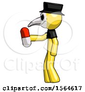 Poster, Art Print Of Yellow Plague Doctor Man Holding Red Pill Walking To Left