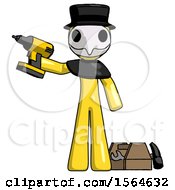Poster, Art Print Of Yellow Plague Doctor Man Holding Drill Ready To Work Toolchest And Tools To Right