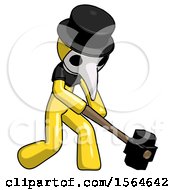 Poster, Art Print Of Yellow Plague Doctor Man Hitting With Sledgehammer Or Smashing Something At Angle