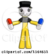 Yellow Plague Doctor Man Holding A Red Pill And Blue Pill
