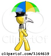 Poster, Art Print Of Yellow Plague Doctor Man Walking With Colored Umbrella
