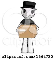 White Plague Doctor Man Holding Box Sent Or Arriving In Mail