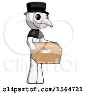 White Plague Doctor Man Holding Package To Send Or Recieve In Mail