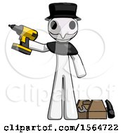 Poster, Art Print Of White Plague Doctor Man Holding Drill Ready To Work Toolchest And Tools To Right