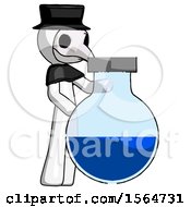 White Plague Doctor Man Standing Beside Large Round Flask Or Beaker