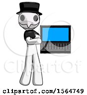 Poster, Art Print Of White Plague Doctor Man Holding Laptop Computer Presenting Something On Screen