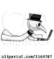 Poster, Art Print Of White Plague Doctor Man Using Laptop Computer While Lying On Floor Side View