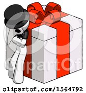 Poster, Art Print Of White Plague Doctor Man Leaning On Gift With Red Bow Angle View