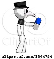 White Plague Doctor Man Holding Blue Pill Walking To Right