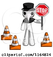 Poster, Art Print Of White Plague Doctor Man Holding Stop Sign By Traffic Cones Under Construction Concept