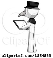 Poster, Art Print Of White Plague Doctor Man Looking At Tablet Device Computer With Back To Viewer