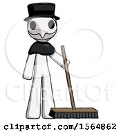 White Plague Doctor Man Standing With Industrial Broom