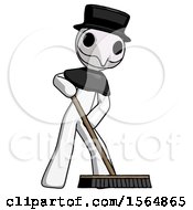 White Plague Doctor Man Cleaning Services Janitor Sweeping Floor With Push Broom