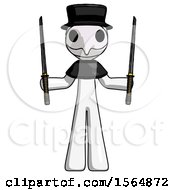White Plague Doctor Man Posing With Two Ninja Sword Katanas Up