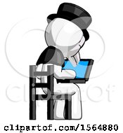 Poster, Art Print Of White Plague Doctor Man Using Laptop Computer While Sitting In Chair View From Back