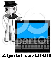 Poster, Art Print Of White Plague Doctor Man Beside Large Laptop Computer Leaning Against It