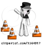 Poster, Art Print Of White Plague Doctor Man Standing By Traffic Cones Waving