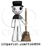 White Plague Doctor Man Standing With Broom Cleaning Services