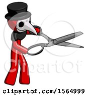 Poster, Art Print Of Red Plague Doctor Man Holding Giant Scissors Cutting Out Something