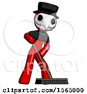 Red Plague Doctor Man Cleaning Services Janitor Sweeping Floor With Push Broom