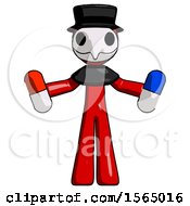 Red Plague Doctor Man Holding A Red Pill And Blue Pill