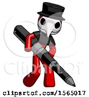 Poster, Art Print Of Red Plague Doctor Man Writing With A Really Big Pen