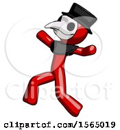 Poster, Art Print Of Red Plague Doctor Man Running Away In Hysterical Panic Direction Left
