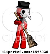 Poster, Art Print Of Red Plague Doctor Man Sweeping Area With Broom