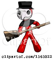 Poster, Art Print Of Red Plague Doctor Man Broom Fighter Defense Pose
