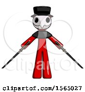 Red Plague Doctor Man Posing With Two Ninja Sword Katanas