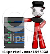 Poster, Art Print Of Red Plague Doctor Man With Server Rack Leaning Confidently Against It