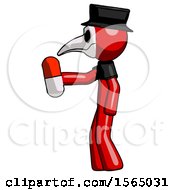 Red Plague Doctor Man Holding Red Pill Walking To Left