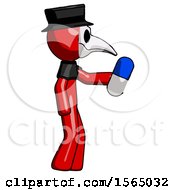 Red Plague Doctor Man Holding Blue Pill Walking To Right