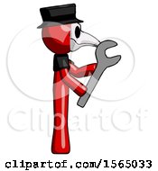 Poster, Art Print Of Red Plague Doctor Man Using Wrench Adjusting Something To Right