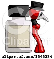 Red Plague Doctor Man Leaning Against Large Medicine Bottle