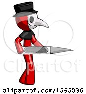 Poster, Art Print Of Red Plague Doctor Man Walking With Large Thermometer