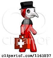 Poster, Art Print Of Red Plague Doctor Man Walking With Medical Aid Briefcase To Right