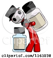 Poster, Art Print Of Red Plague Doctor Man Holding Large White Medicine Bottle With Bottle In Background