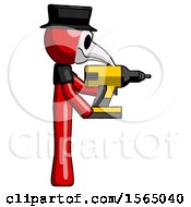 Red Plague Doctor Man Using Drill Drilling Something On Right Side