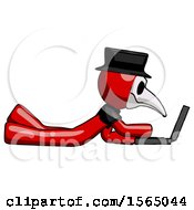 Poster, Art Print Of Red Plague Doctor Man Using Laptop Computer While Lying On Floor Side View