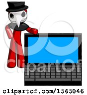Red Plague Doctor Man Beside Large Laptop Computer Leaning Against It