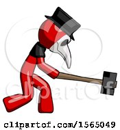Poster, Art Print Of Red Plague Doctor Man Hitting With Sledgehammer Or Smashing Something