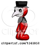 Red Plague Doctor Man Kneeling Angle View Left