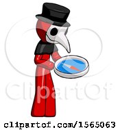 Poster, Art Print Of Red Plague Doctor Man Looking At Large Compass Facing Right