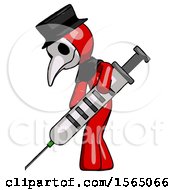 Poster, Art Print Of Red Plague Doctor Man Using Syringe Giving Injection