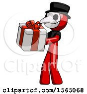 Poster, Art Print Of Red Plague Doctor Man Presenting A Present With Large Red Bow On It