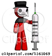 Poster, Art Print Of Red Plague Doctor Man Holding Large Syringe