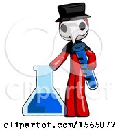 Poster, Art Print Of Red Plague Doctor Man Holding Test Tube Beside Beaker Or Flask